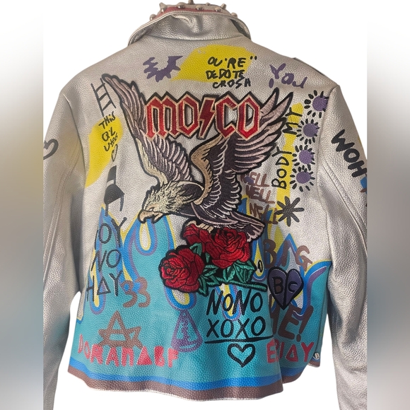 Azalea Wang Phoenix Moto Jacket Studded Graffiti Painted Cropped  Silver, Small - Picture 6 of 15